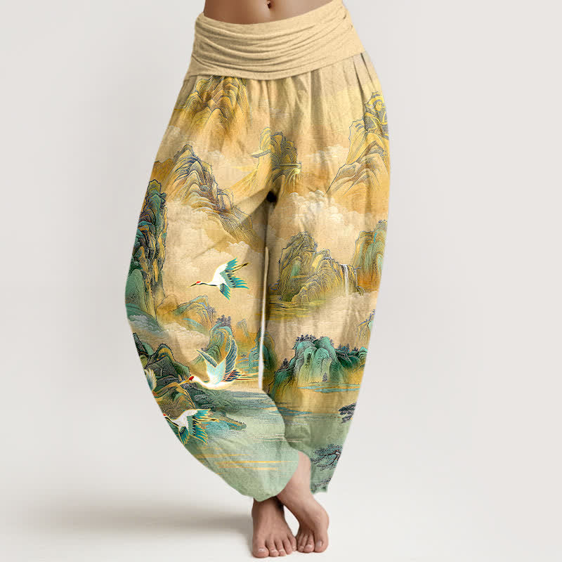 Buddha Stones Dames harembroek met elastische Taille en oosters landschapsmotief met rode kraanvogel - Tarwe - US16, UK/AU20, EU48 (3XL) - image 0