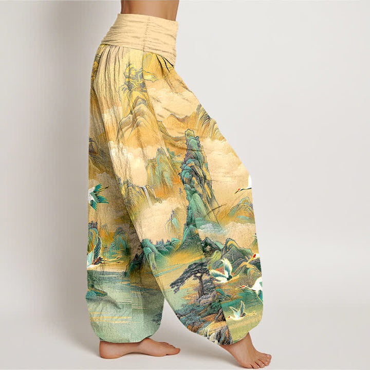 Buddha Stones Dames harembroek met elastische Taille en oosters landschapsmotief met rode kraanvogel - image 2