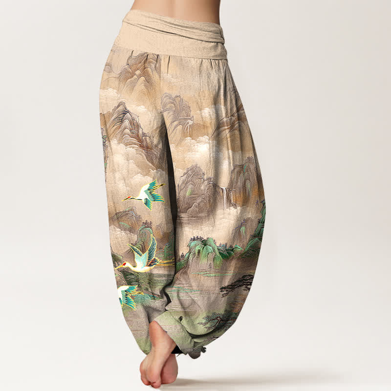 Buddha Stones Dames harembroek met elastische Taille en oosters landschapsmotief met rode kraanvogel - image 6