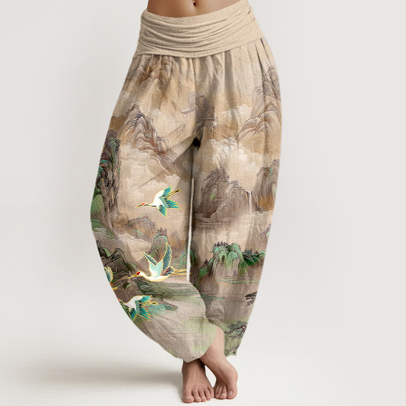 Buddha Stones Dames harembroek met elastische Taille en oosters landschapsmotief met rode kraanvogel - Bruinen - US16, UK/AU20, EU48 (3XL) - image 5