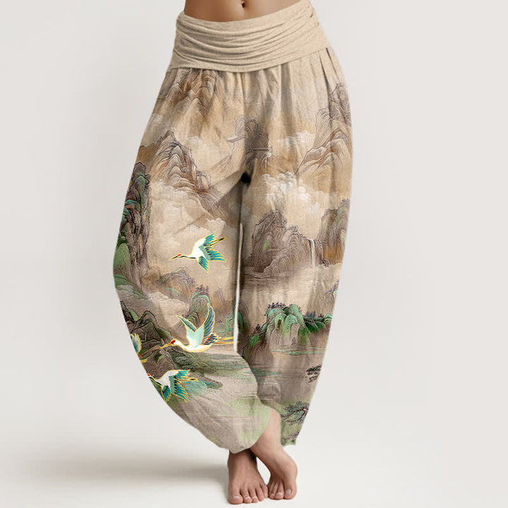 Buddha Stones Dames harembroek met elastische Taille en oosters landschapsmotief met rode kraanvogel - Bruinen - US16, UK/AU20, EU48 (3XL) - image 5