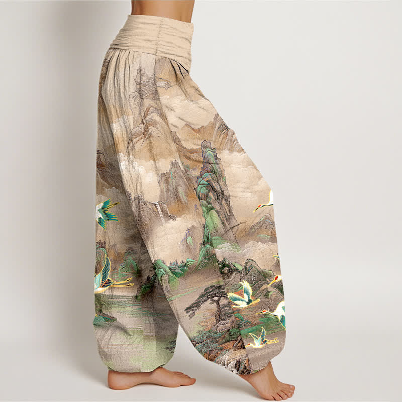 Buddha Stones Dames harembroek met elastische Taille en oosters landschapsmotief met rode kraanvogel - image 7