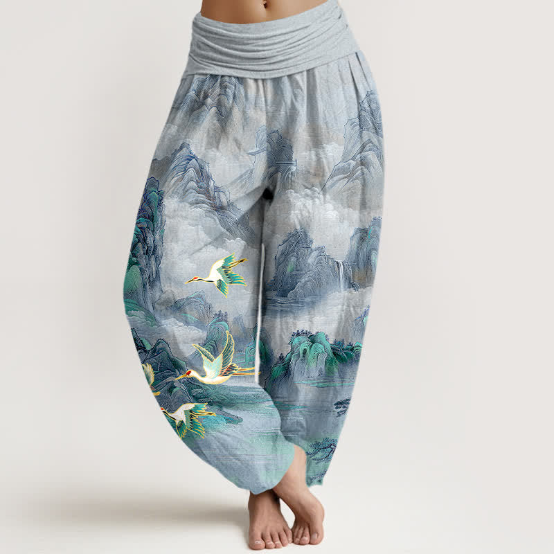 Buddha Stones Dames harembroek met elastische Taille en oosters landschapsmotief met rode kraanvogel - Lichtstaalblauw - US16, UK/AU20, EU48 (3XL) - image 8