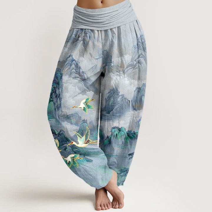 Buddha Stones Dames harembroek met elastische Taille en oosters landschapsmotief met rode kraanvogel - Lichtstaalblauw - US16, UK/AU20, EU48 (3XL) - image 8