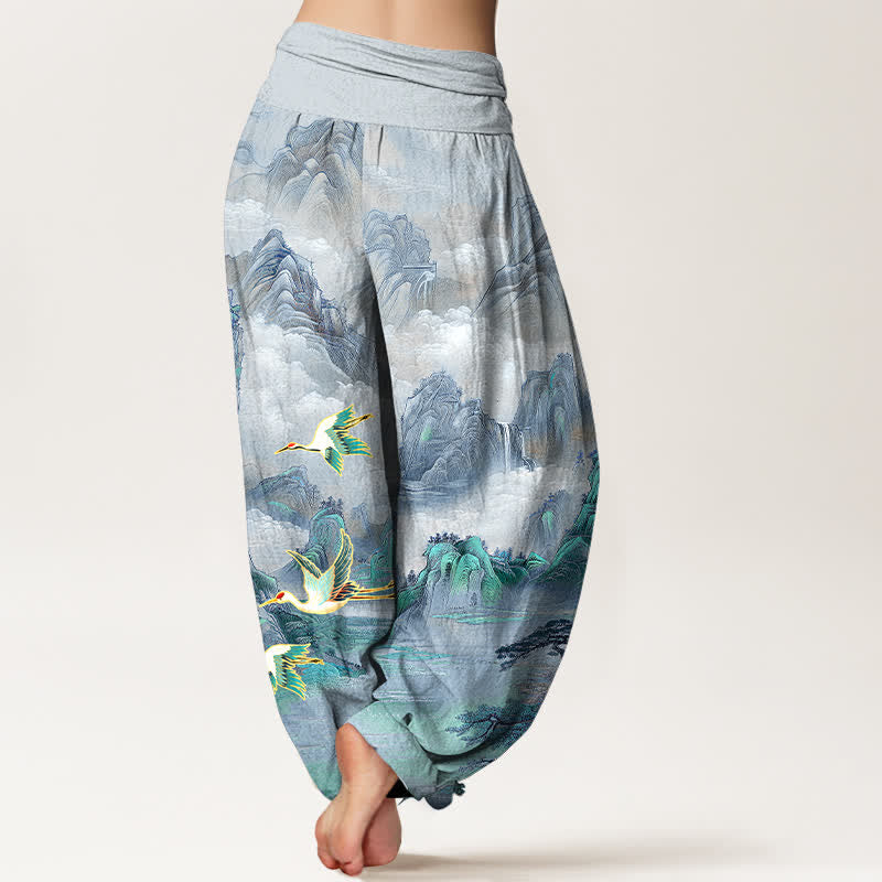 Buddha Stones Dames harembroek met elastische Taille en oosters landschapsmotief met rode kraanvogel - image 9