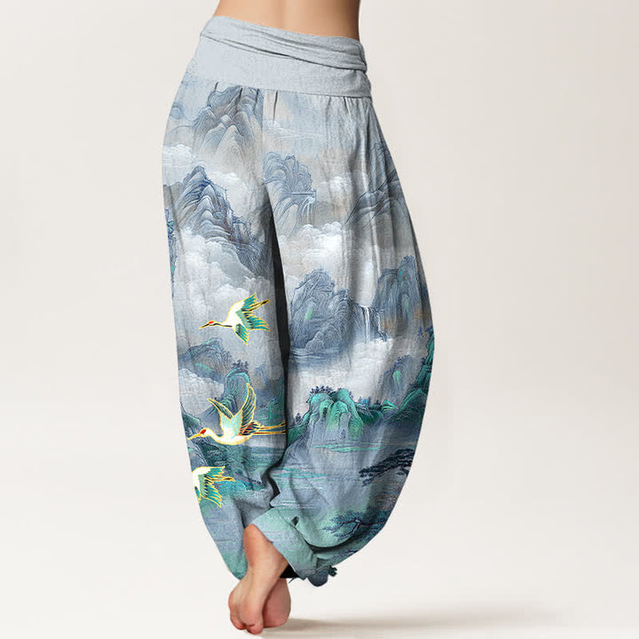 Buddha Stones Dames harembroek met elastische Taille en oosters landschapsmotief met rode kraanvogel - image 9