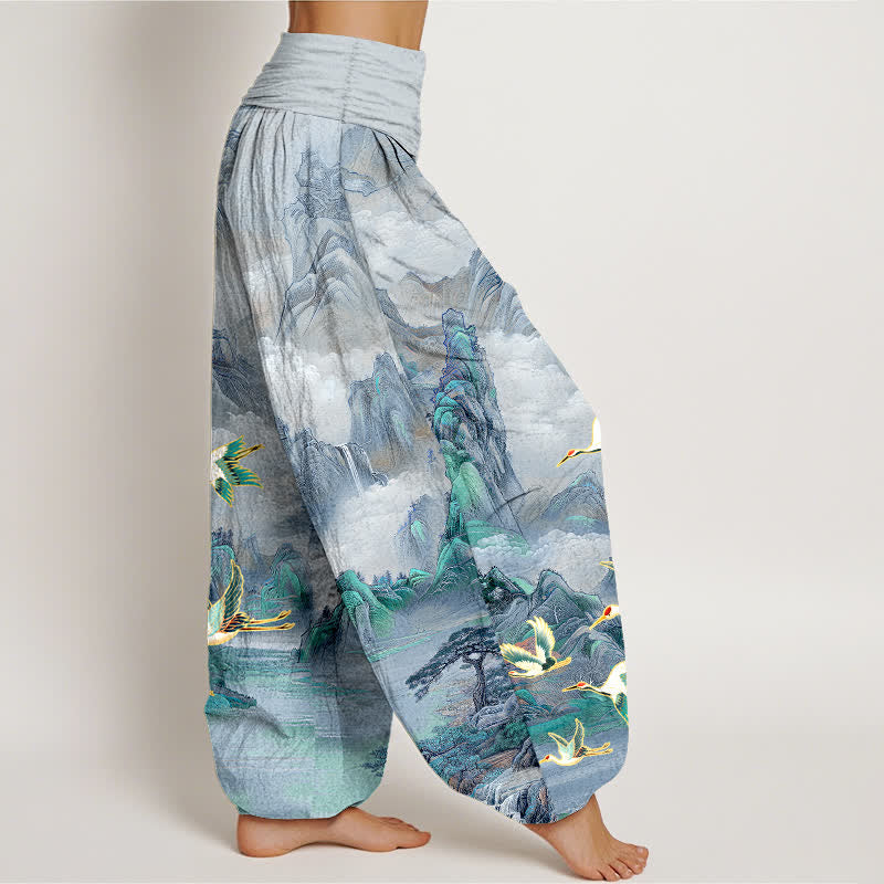 Buddha Stones Dames harembroek met elastische Taille en oosters landschapsmotief met rode kraanvogel - image 10