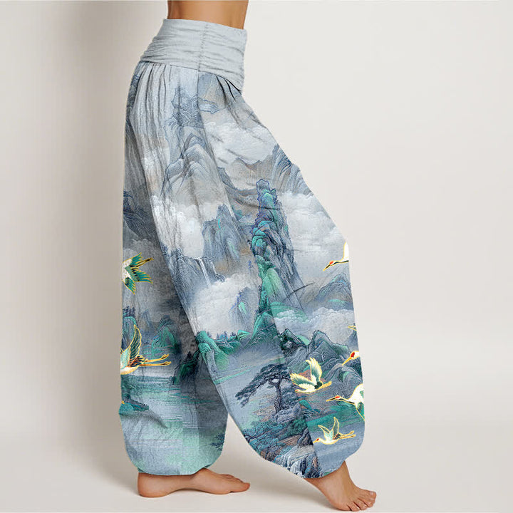 Buddha Stones Dames harembroek met elastische Taille en oosters landschapsmotief met rode kraanvogel - image 10