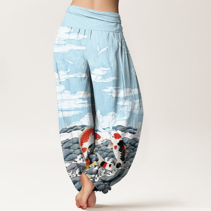Buddha Stones Dames harembroek met elastische Taille en koivissenpatroon, golvend en wolkenmotief. - image 1