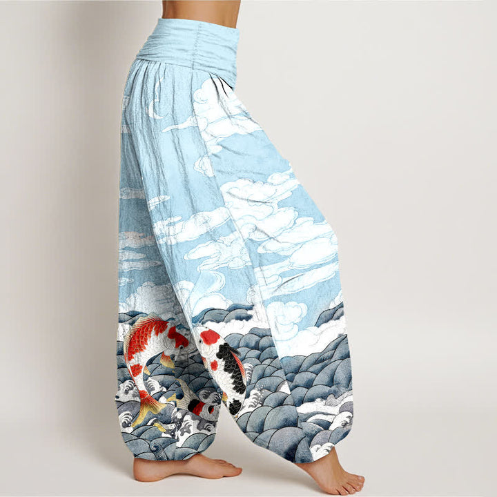Buddha Stones Dames harembroek met elastische Taille en koivissenpatroon, golvend en wolkenmotief. - image 2