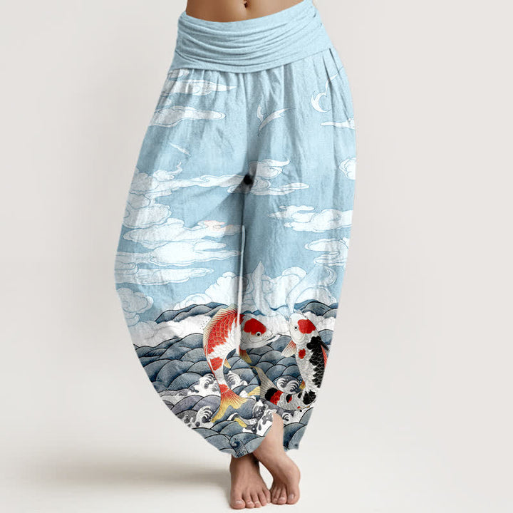 Buddha Stones Dames harembroek met elastische Taille en koivissenpatroon, golvend en wolkenmotief. - Licht turkoois - US16, UK/AU20, EU48 (3XL) - image 0