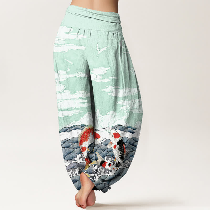Buddha Stones Dames harembroek met elastische Taille en koivissenpatroon, golvend en wolkenmotief. - image 6