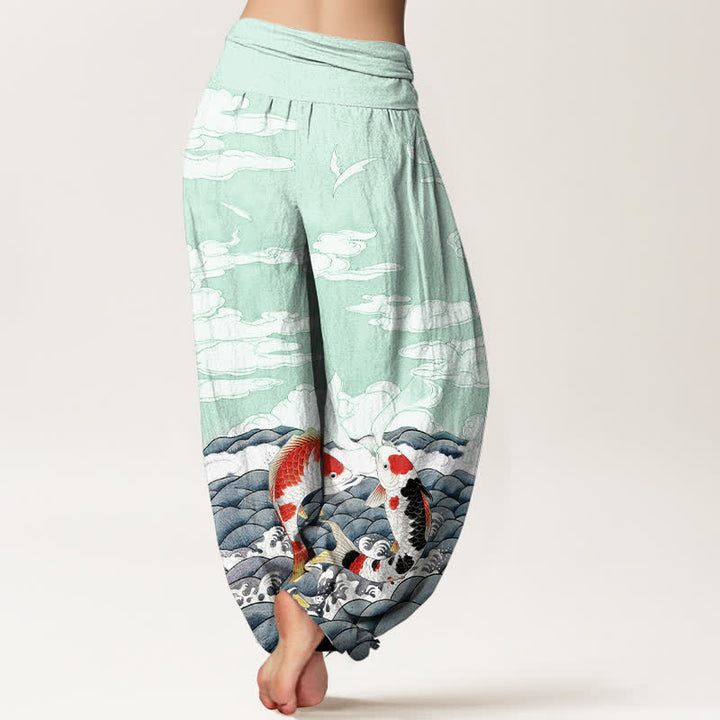 Buddha Stones Dames harembroek met elastische Taille en koivissenpatroon, golvend en wolkenmotief. - image 6