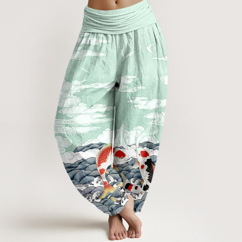 Buddha Stones Dames harembroek met elastische Taille en koivissenpatroon, golvend en wolkenmotief. - Aquamarijn - US16, UK/AU20, EU48 (3XL) - image 5