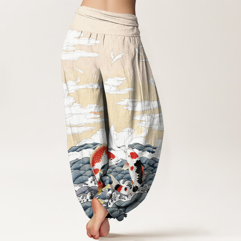 Buddha Stones Dames harembroek met elastische Taille en koivissenpatroon, golvend en wolkenmotief. - image 9