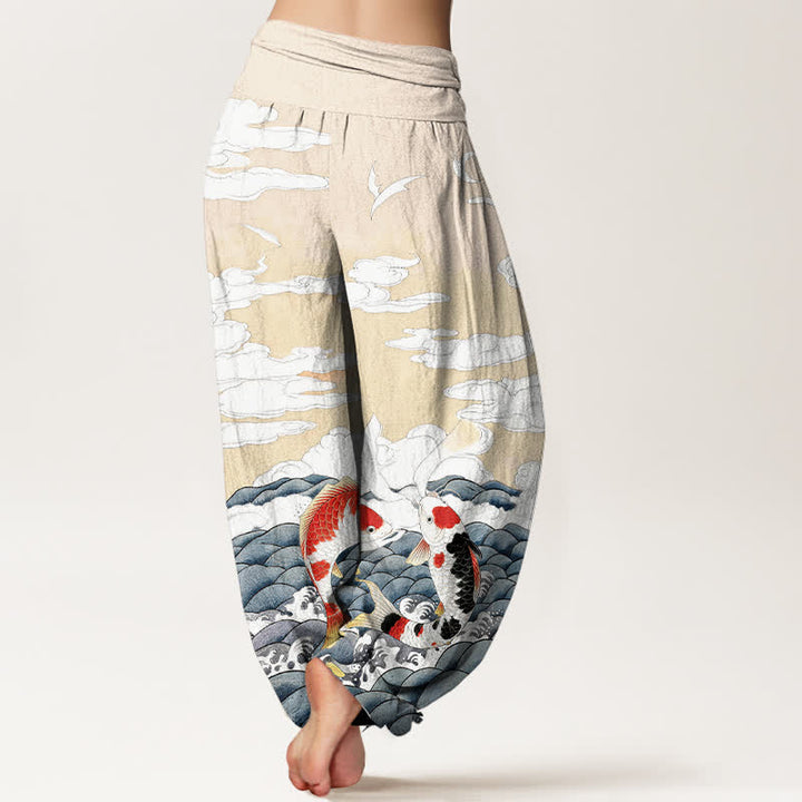 Buddha Stones Dames harembroek met elastische Taille en koivissenpatroon, golvend en wolkenmotief. - image 9
