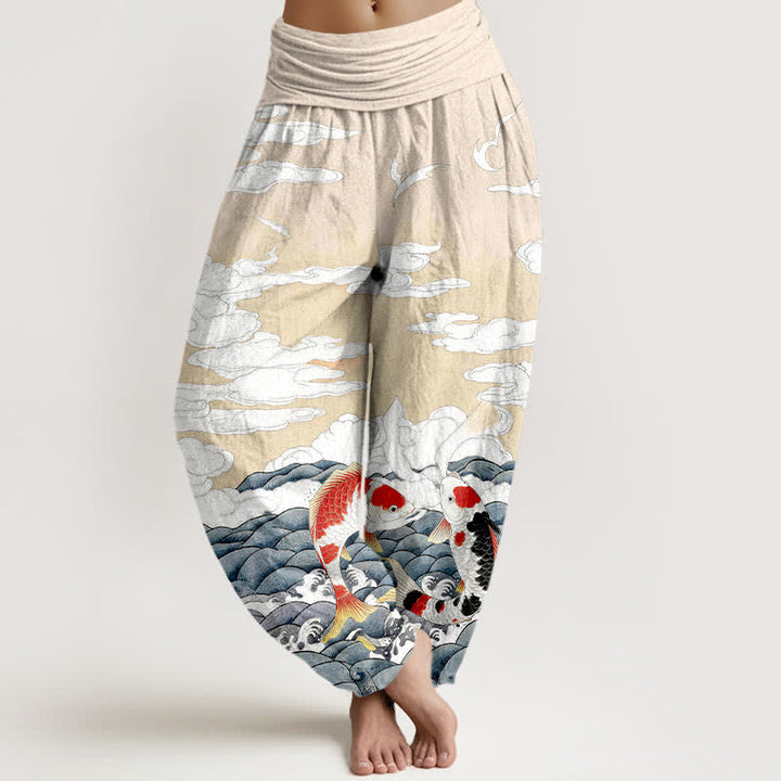 Buddha Stones Dames harembroek met elastische Taille en koivissenpatroon, golvend en wolkenmotief. - Beige - US16, UK/AU20, EU48 (3XL) - image 8