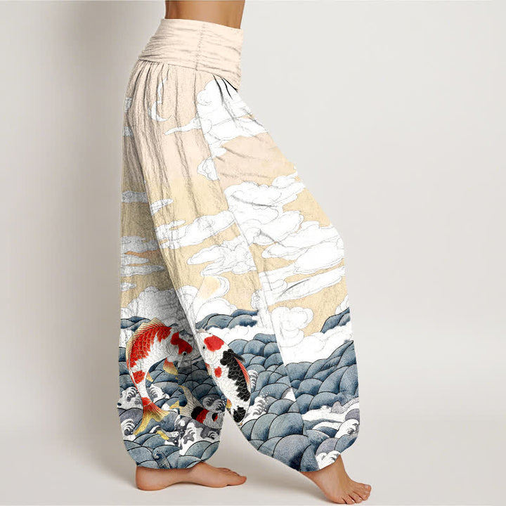 Buddha Stones Dames harembroek met elastische Taille en koivissenpatroon, golvend en wolkenmotief. - image 10