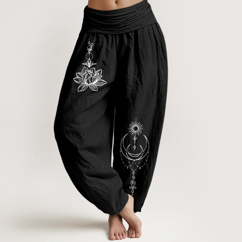 Buddha Stones Harembroek voor dames met elastische Taille en lotus-, maan- en zonpatroon van 100% Cotton - Zwart - US16, UK/AU20, EU48 (3XL) - image 0
