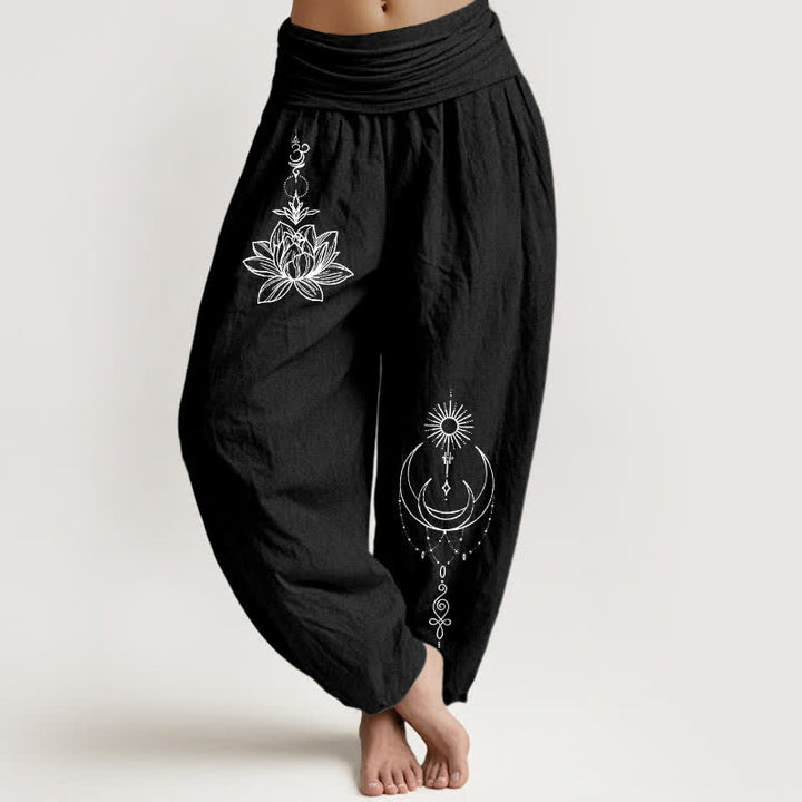 Buddha Stones Harembroek voor dames met elastische Taille en lotus-, maan- en zonpatroon van 100% Cotton - Zwart - US16, UK/AU20, EU48 (3XL) - image 0