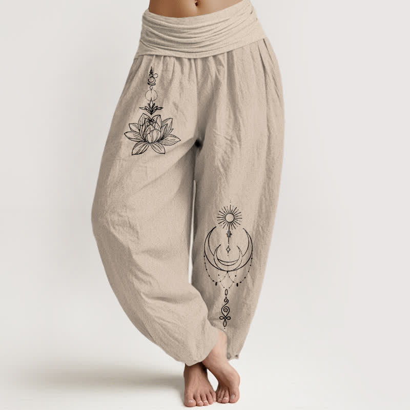 Buddha Stones Harembroek voor dames met elastische Taille en lotus-, maan- en zonpatroon van 100% Cotton - Bruinen - US16, UK/AU20, EU48 (3XL) - image 14