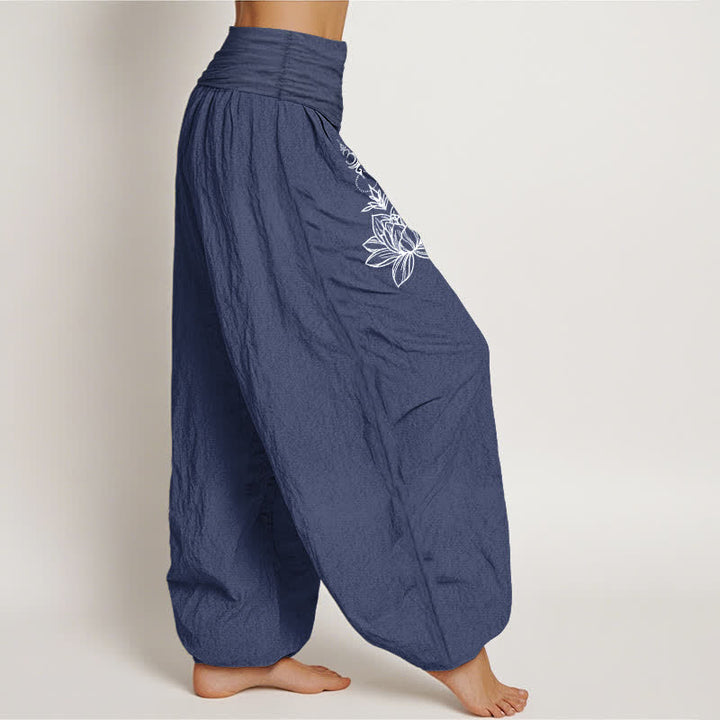 Buddha Stones Harembroek voor dames met elastische Taille en lotus-, maan- en zonpatroon van 100% Cotton - image 6