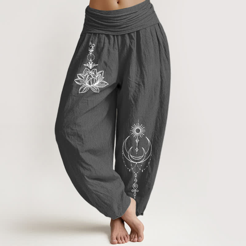 Buddha Stones Harembroek voor dames met elastische Taille en lotus-, maan- en zonpatroon van 100% Cotton - Donkergrijs - US16, UK/AU20, EU48 (3XL) - image 8