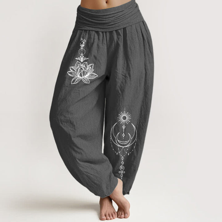 Buddha Stones Harembroek voor dames met elastische Taille en lotus-, maan- en zonpatroon van 100% Cotton - Donkergrijs - US16, UK/AU20, EU48 (3XL) - image 8