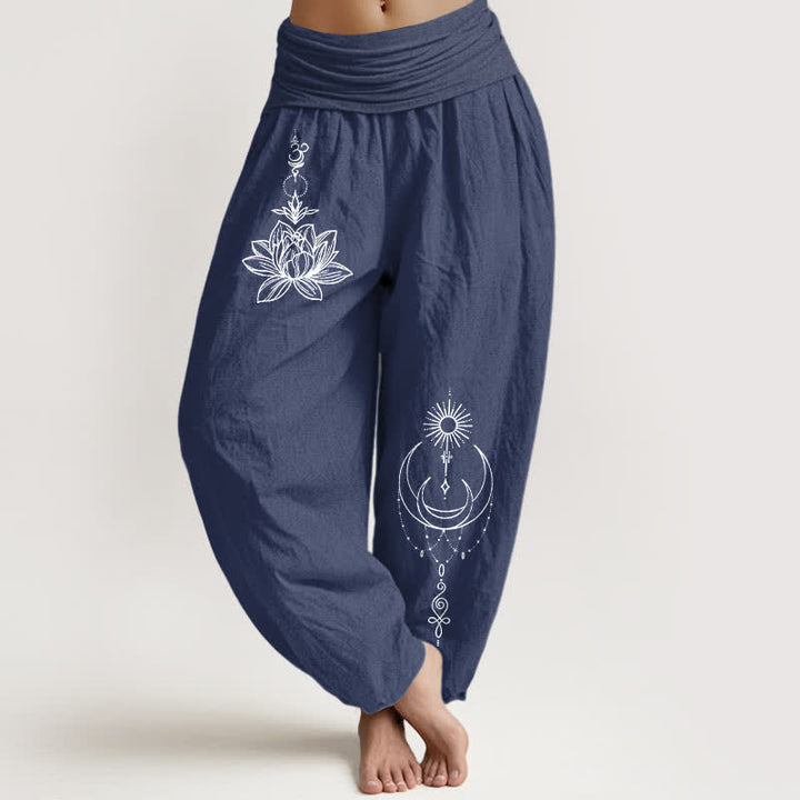 Buddha Stones Harembroek voor dames met elastische Taille en lotus-, maan- en zonpatroon van 100% Cotton - Donker leisteenblauw - US16, UK/AU20, EU48 (3XL) - image 5