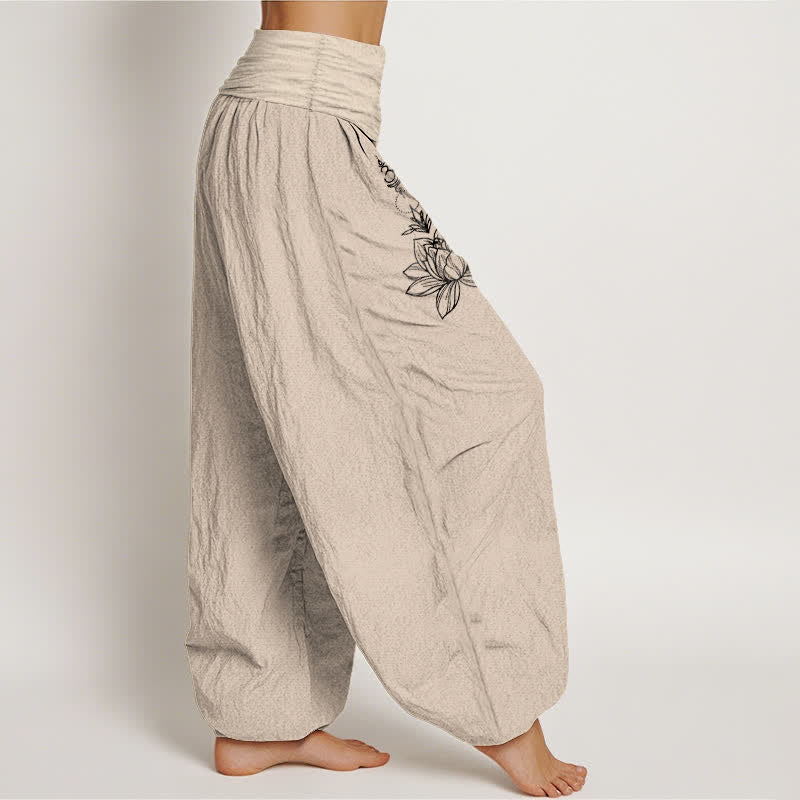 Buddha Stones Harembroek voor dames met elastische Taille en lotus-, maan- en zonpatroon van 100% Cotton - image 15
