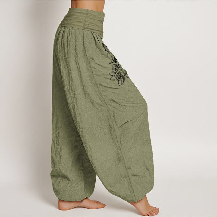 Buddha Stones Harembroek voor dames met elastische Taille en lotus-, maan- en zonpatroon van 100% Cotton - image 12