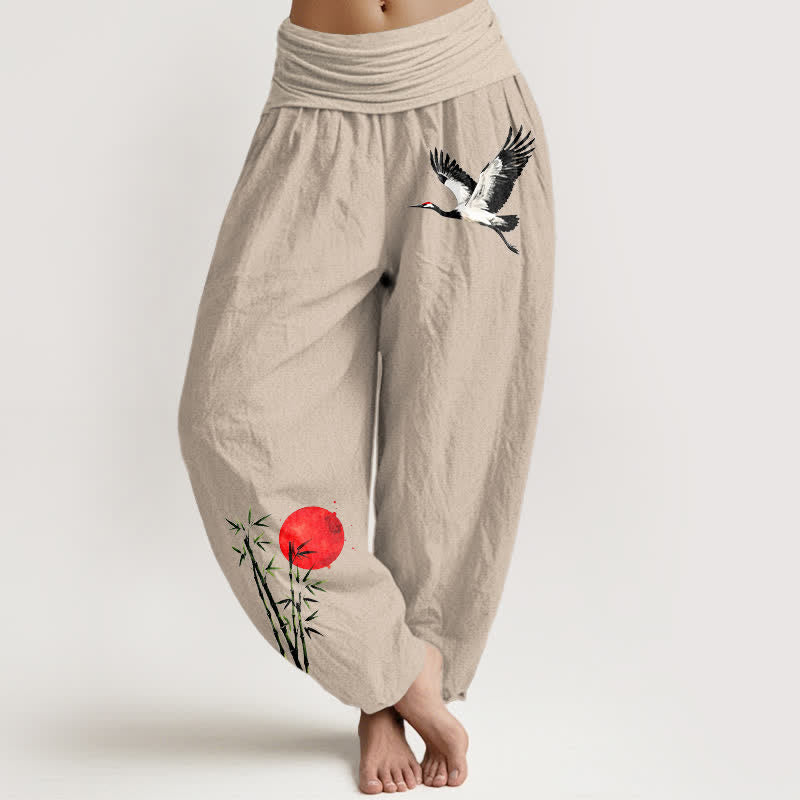 Buddha Stones Harembroek voor dames met elastische Taille, 100% Cotton met een vliegende kraanvogel en een rode zonprint. - Bruinen - US16, UK/AU20, EU48 (3XL) - image 0