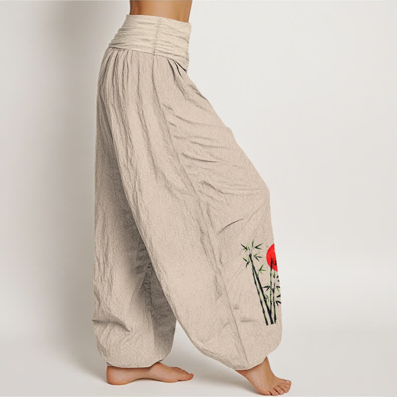 Buddha Stones Harembroek voor dames met elastische Taille, 100% Cotton met een vliegende kraanvogel en een rode zonprint. - image 1