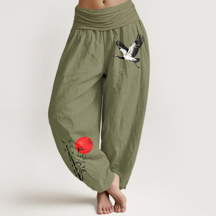 Buddha Stones Harembroek voor dames met elastische Taille, 100% Cotton met een vliegende kraanvogel en een rode zonprint. - Olijfgroen - US16, UK/AU20, EU48 (3XL) - image 8