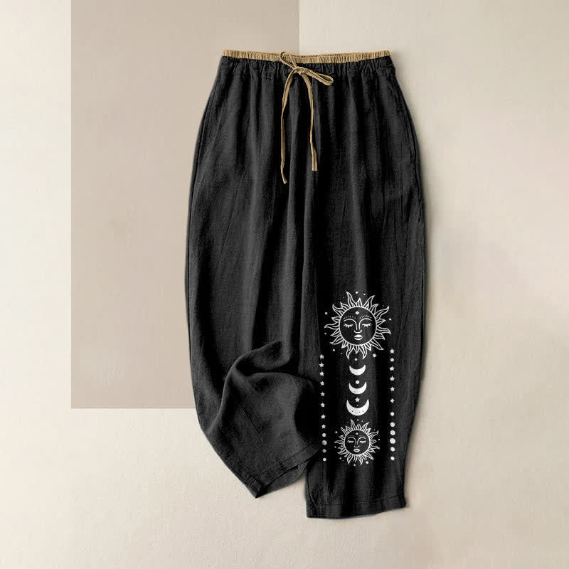 Buddha Stones Damesbroek van 100% Cotton met mystiek zonnegezichtpatroon, elastische Taille en Zakken. - Zwart - US16, UK/AU20, EU48 (3XL) - image 0