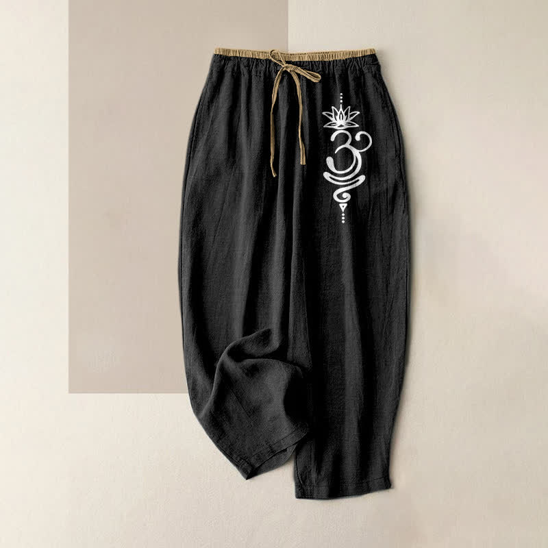 Buddha Stones Damesbroek van 100% Cotton met spiritueel Om Lotus-patroon, elastische Taille en Zakken. - Zwart - US16, UK/AU20, EU48 (3XL) - image 0