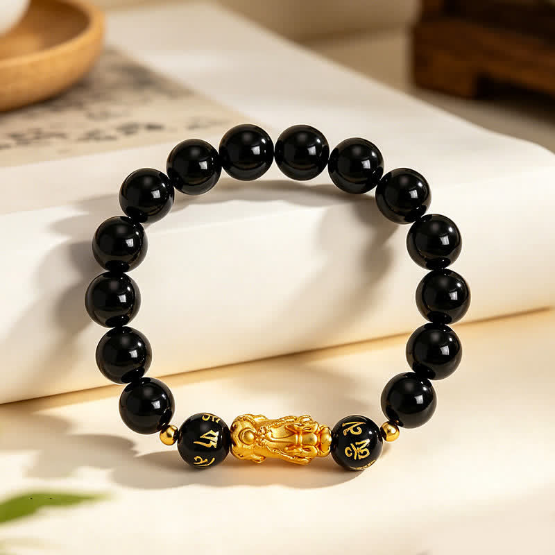 Buddha Stones Zwarte obsidiaan chalcedoon Pi Xiu Om Mani Padme Hum Armband - image 1