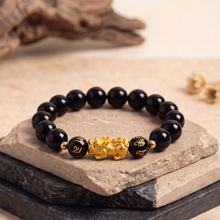 Buddha Stones Zwarte obsidiaan chalcedoon Pi Xiu Om Mani Padme Hum Armband - Zwarte obsidiaan (Bescherming ♥ Aarding) - image 0