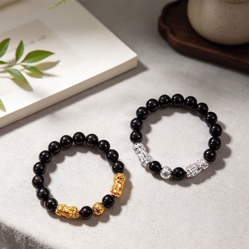 Buddha Stones Zwarte obsidiaan koperen dubbele Pi Xiu Om Mani Padme Hum Armband - image 15