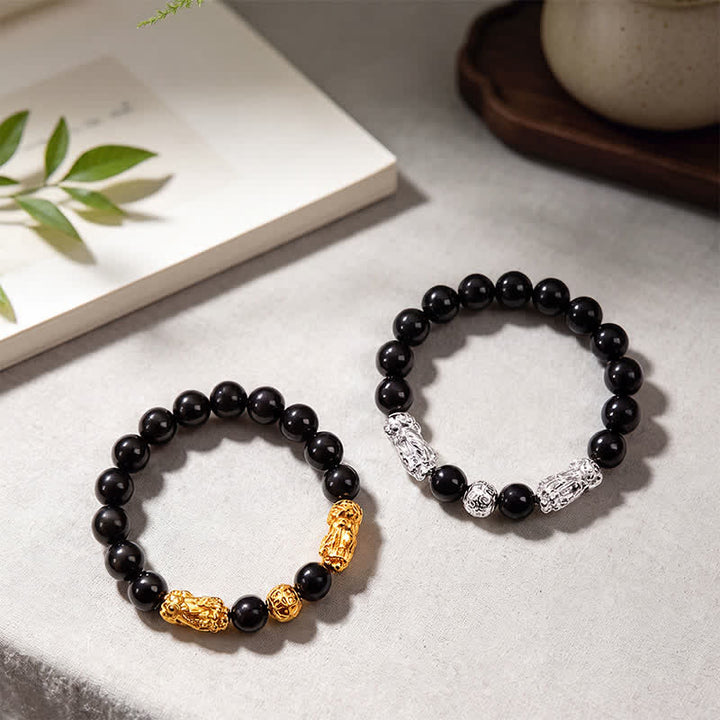 Buddha Stones Zwarte obsidiaan koperen dubbele Pi Xiu Om Mani Padme Hum Armband - image 15