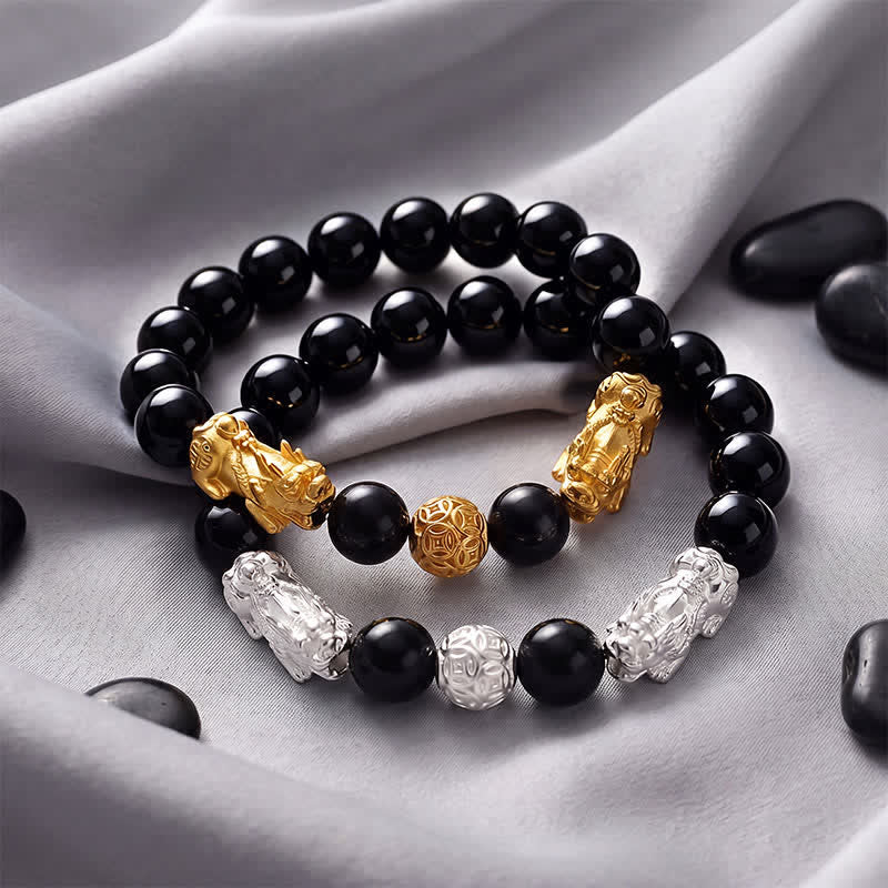 Buddha Stones Zwarte obsidiaan koperen dubbele Pi Xiu Om Mani Padme Hum Armband - image 16