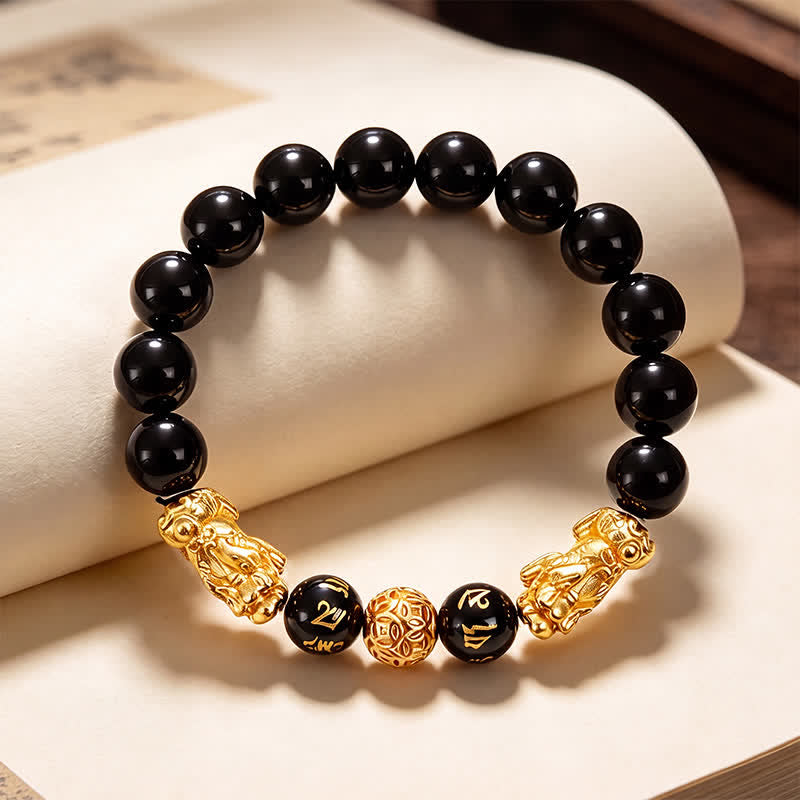 Buddha Stones Zwarte obsidiaan koperen dubbele Pi Xiu Om Mani Padme Hum Armband - image 1