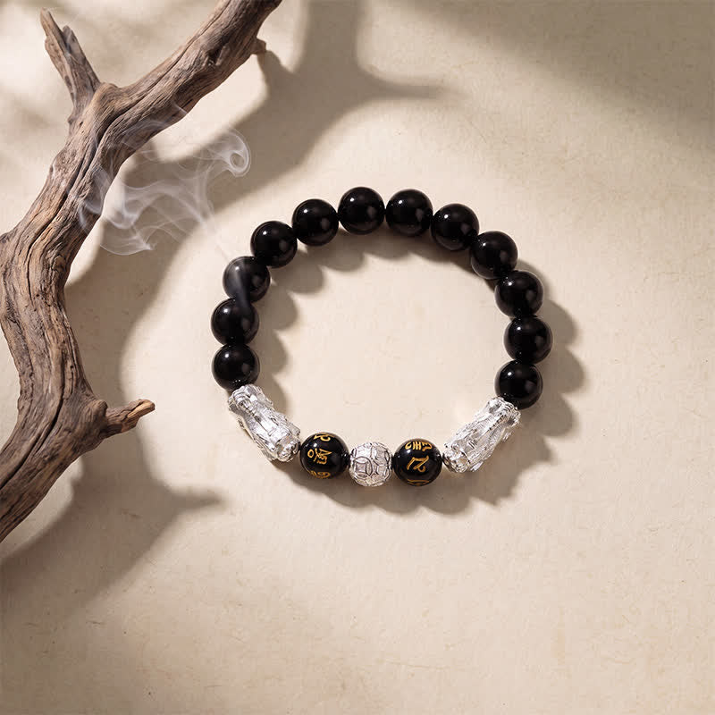 Buddha Stones Zwarte obsidiaan koperen dubbele Pi Xiu Om Mani Padme Hum Armband - image 10