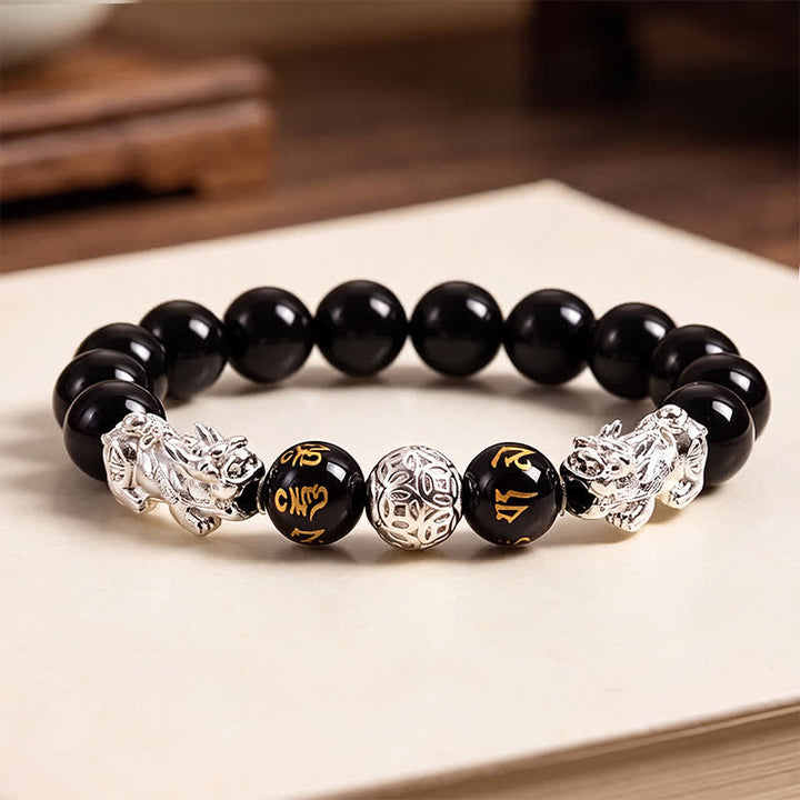 Buddha Stones Zwarte obsidiaan koperen dubbele Pi Xiu Om Mani Padme Hum Armband - Zilverachtig - image 9