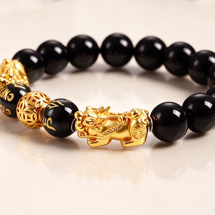 Buddha Stones Zwarte obsidiaan koperen dubbele Pi Xiu Om Mani Padme Hum Armband - image 2