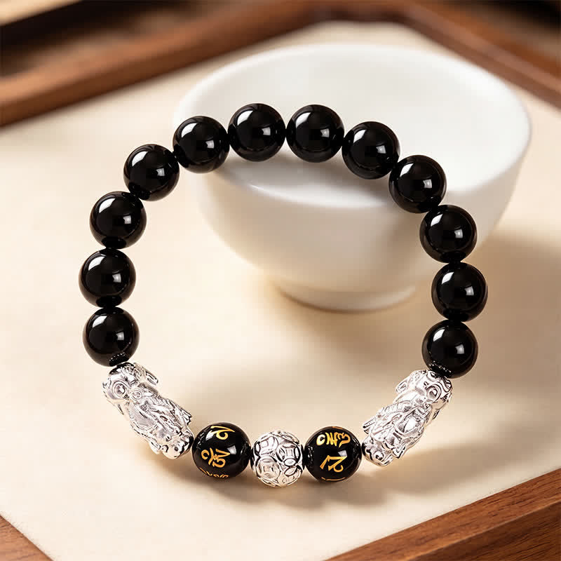 Buddha Stones Zwarte obsidiaan koperen dubbele Pi Xiu Om Mani Padme Hum Armband - image 11