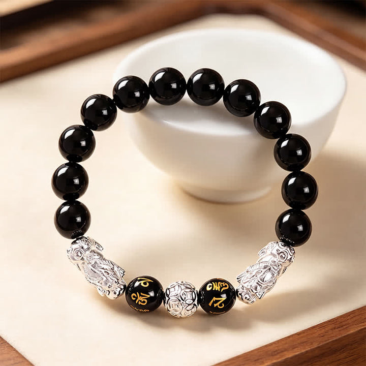 Buddha Stones Zwarte obsidiaan koperen dubbele Pi Xiu Om Mani Padme Hum Armband - image 11
