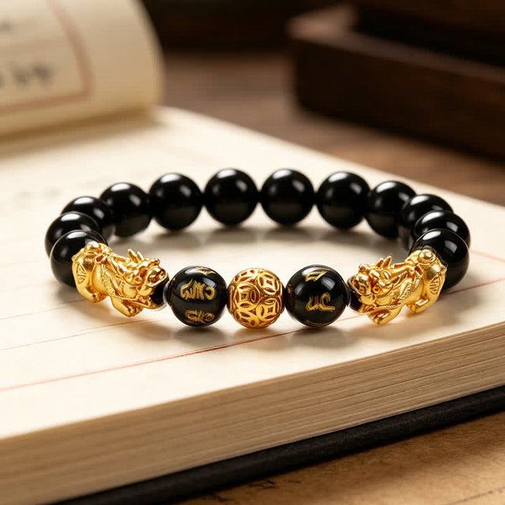 Buddha Stones Zwarte obsidiaan koperen dubbele Pi Xiu Om Mani Padme Hum Armband - Gouden - image 0