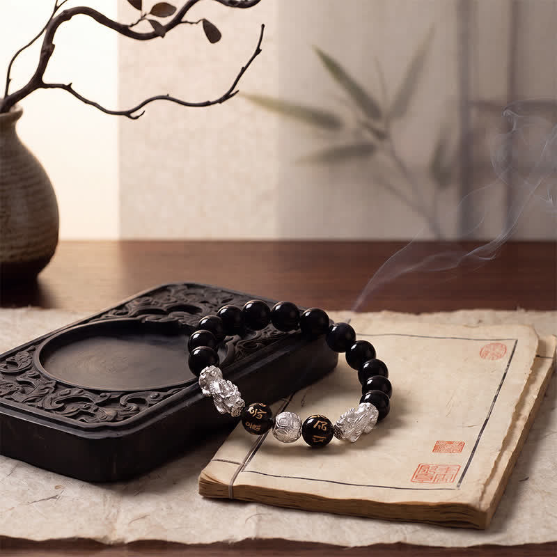 Buddha Stones Zwarte obsidiaan koperen dubbele Pi Xiu Om Mani Padme Hum Armband - image 12