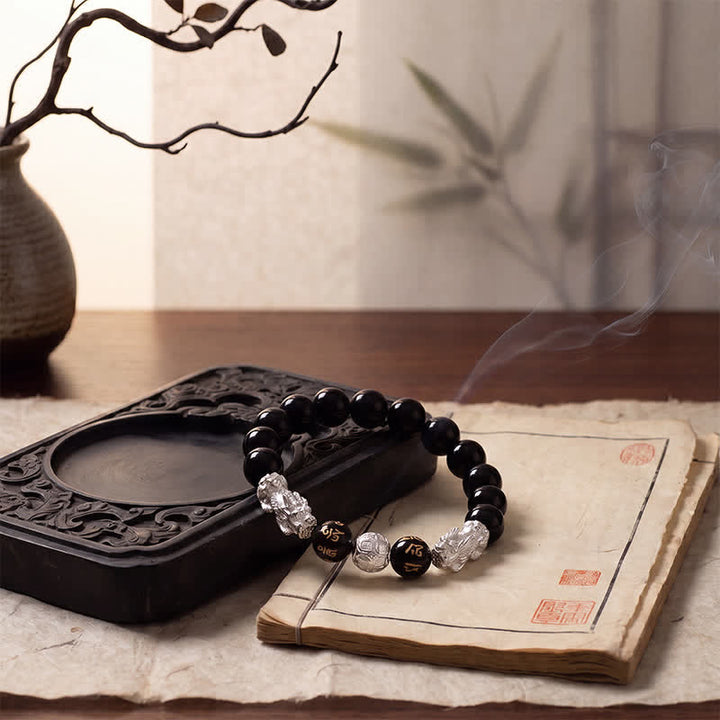 Buddha Stones Zwarte obsidiaan koperen dubbele Pi Xiu Om Mani Padme Hum Armband - image 12